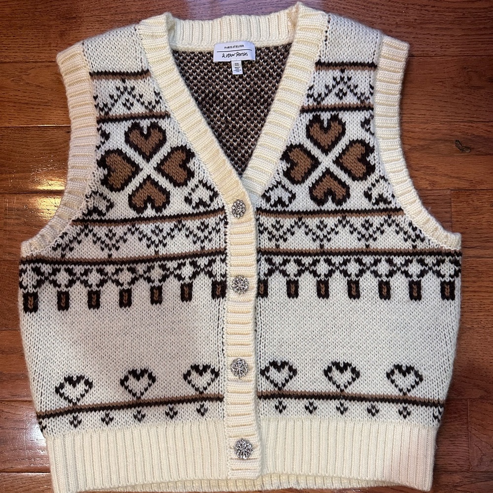 Ivory and Brown Heart Pattern Cardigan Vest